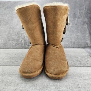 Bearpaw Jade Mid-Calf Boots Women Size 8  Button Tan Sued and sheepskin 917W